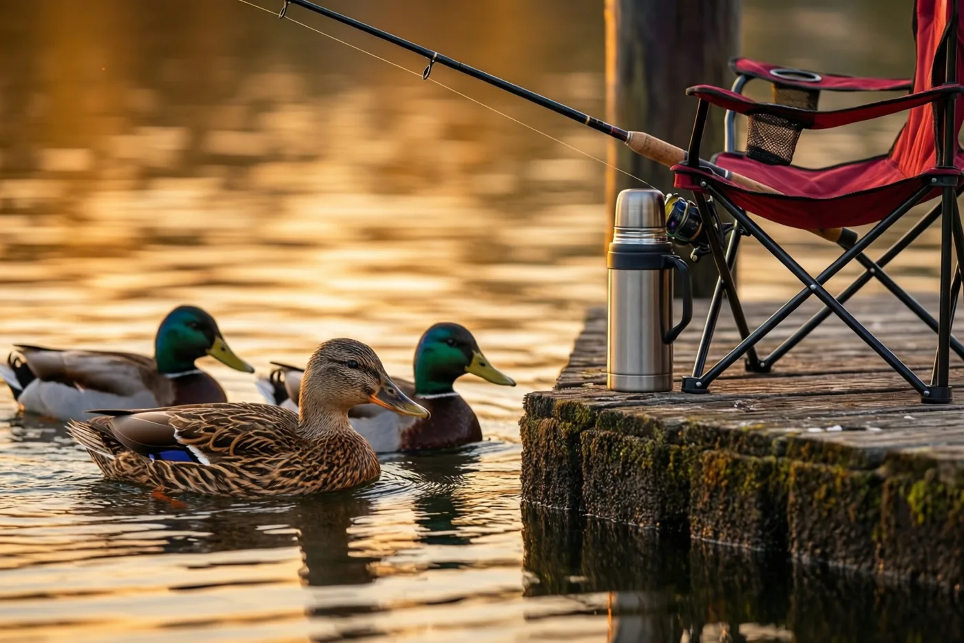 Een eendenfamilie zwemt langs een houten steiger met een hengel op een rode klapstoel en een zilverkleurige thermosfles, in warm goudkleurig licht op het water.
