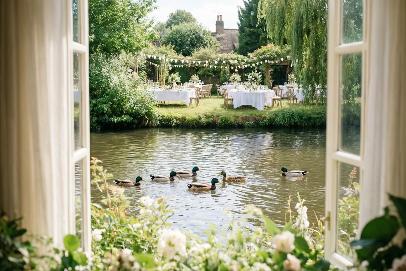 Door een open raam zijn eenden op een rivier te zien, met aan de overkant een tuinfeest tussen het groen met witte tafelkleden en bloemversiering onder een heldere hemel.