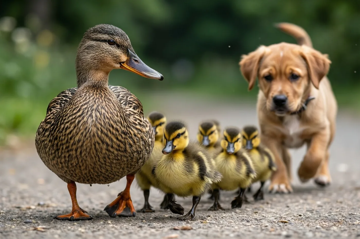 Een moedereend loopt met haar kuikens over een grindpad, gevolgd door een goudkleurige puppy, tegen een wazige groene achtergrond.
