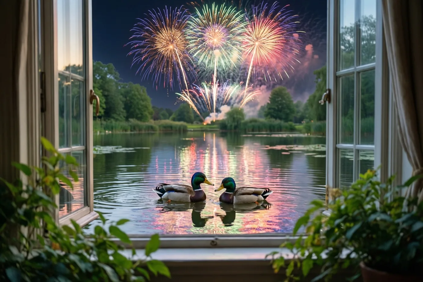 Door een open raam met kamerplanten zijn twee eenden op een vijver te zien, met kleurrijk vuurwerk aan de nachthemel en weerspiegelingen in het water.