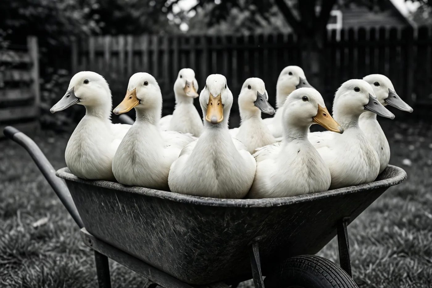 Een rij witte eenden zit dicht tegen elkaar in een tuinkruiwagen, met een houten schutting op de achtergrond.
