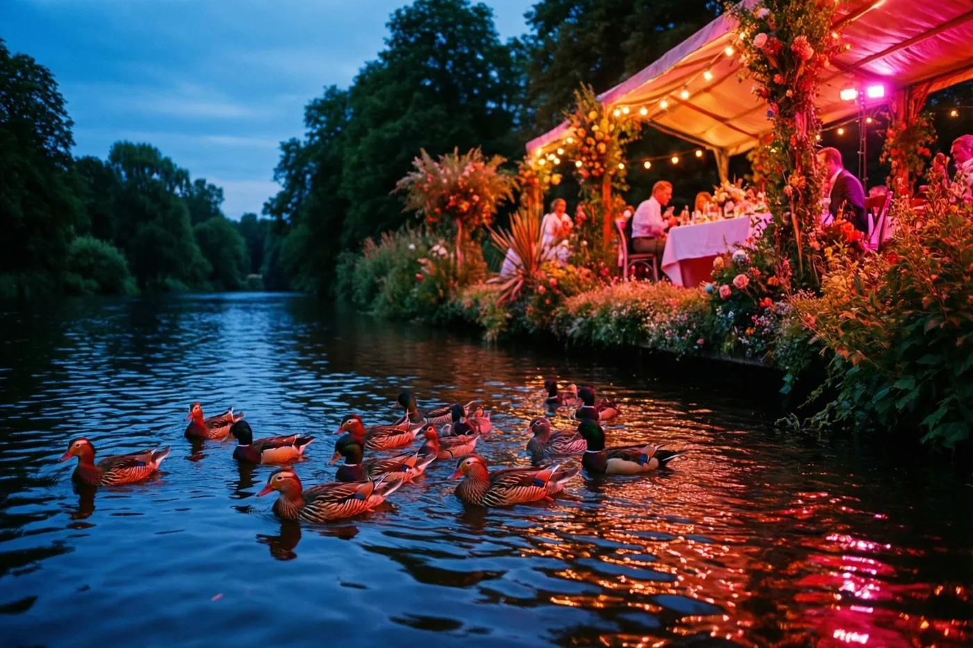 Een groep eenden zwemt bij schemering langs een verlichte, versierde feesttent op een rivieroever, met oranje en roze weerspiegelingen in het water onder een diepblauwe lucht.