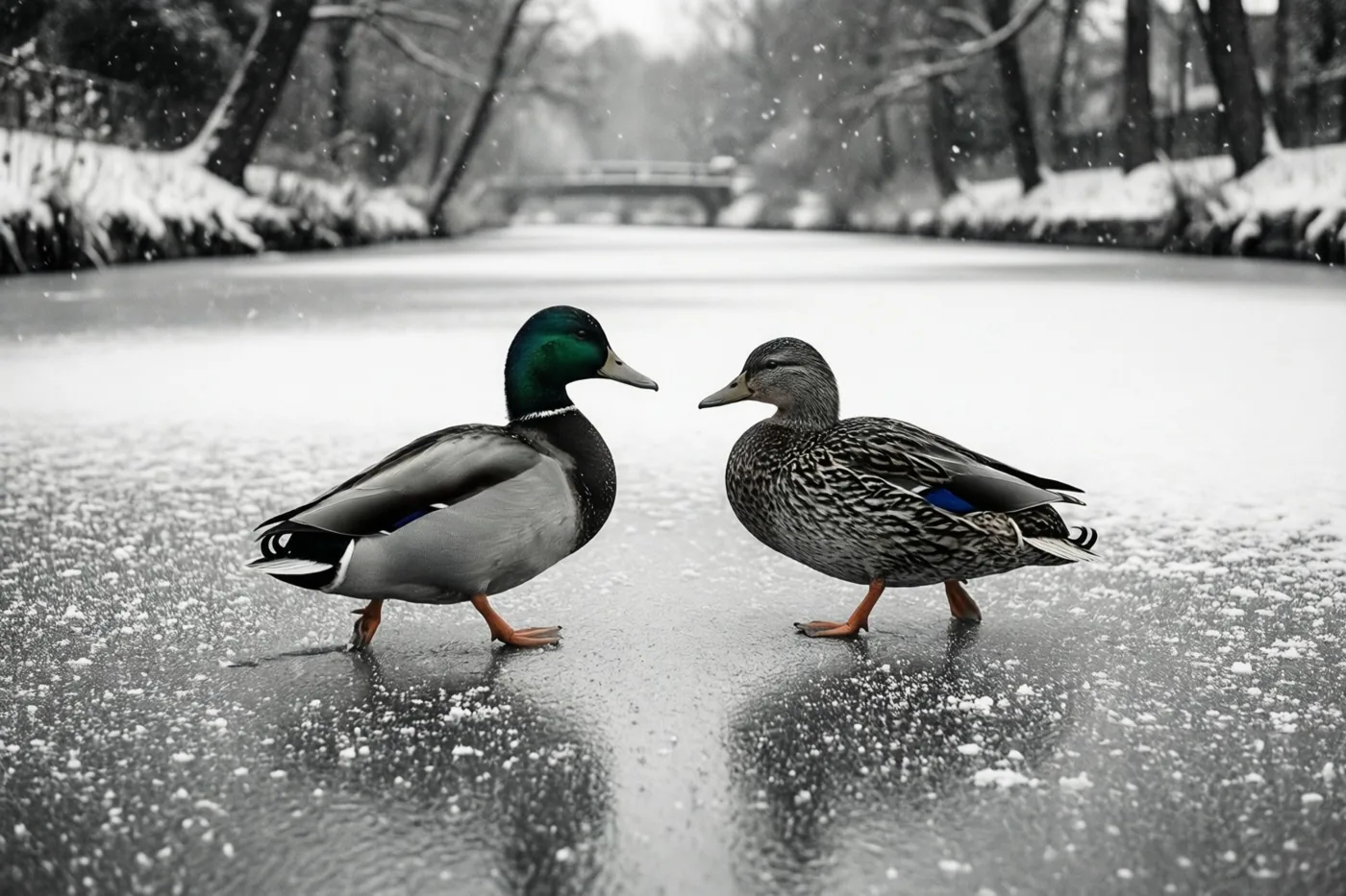 Twee wilde eenden lopen over een besneeuwd, bevroren kanaal met kale bomen en een brug in de verte, waarbij alleen de groene kop van het mannetje en de oranje poten kleur hebben.