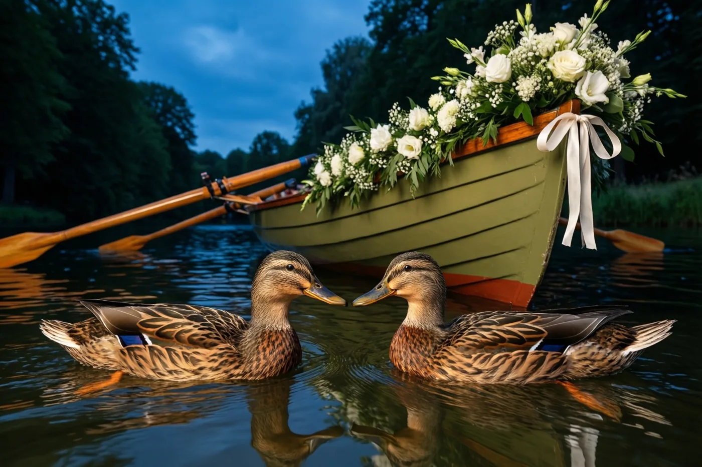 Twee eenden zwemmen naar elkaar gericht naast een groene roeiboot met witte bloemen en een lint, met bomen en weerspiegelingen in het water bij schemering.