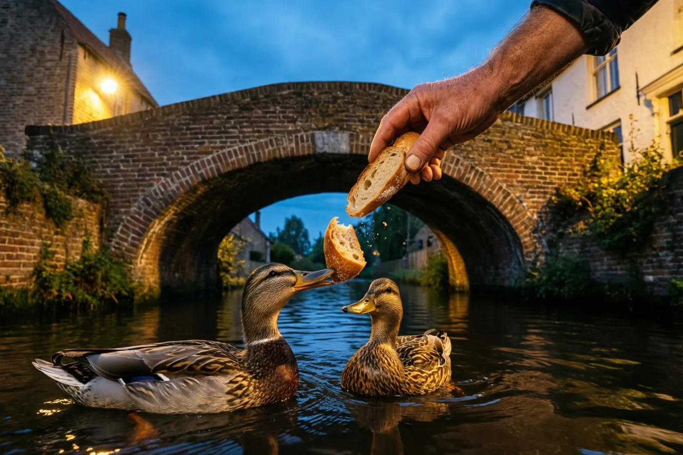 Een hand reikt brood aan twee eenden die bij schemering in een kanaal onder een bakstenen brug zwemmen, in een rustig dorp met warm licht en koele blauwe tinten.
