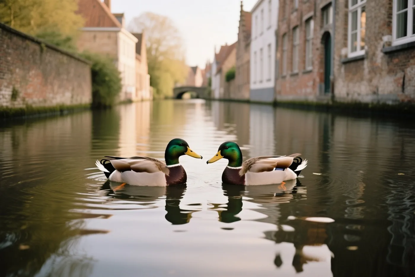 Twee mannetjes van de wilde eend zwemmen tegenover elkaar op een kalme vaart tussen oude bakstenen gebouwen in warm goudkleurig licht.