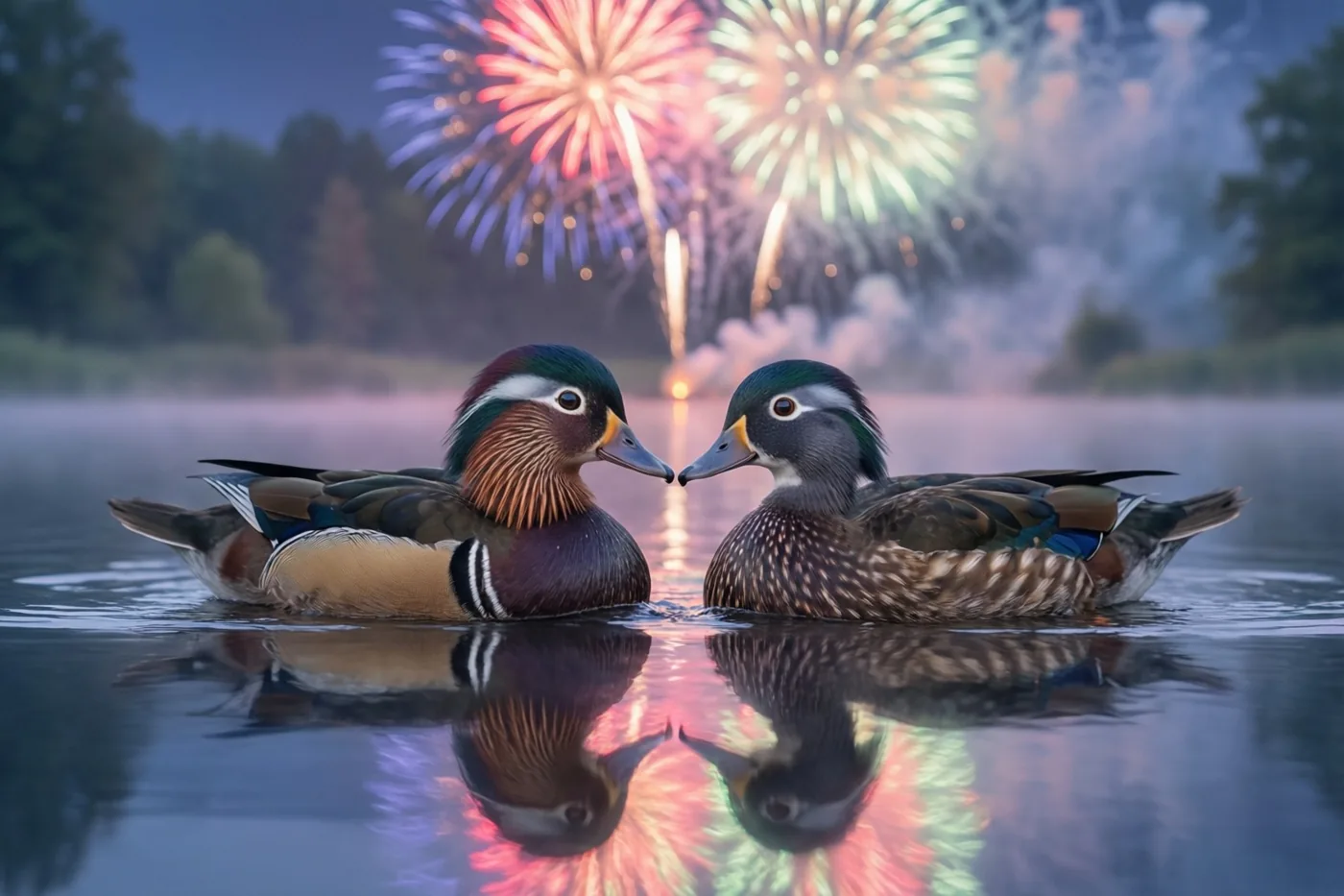 Twee eenden zwemmen tegenover elkaar op een rustige vijver met hun weerspiegelingen in het water en kleurrijk vuurwerk aan de nachthemel.