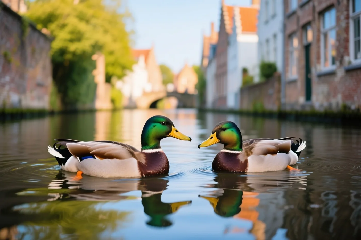 Twee wilde eenden zwemmen met hun kop naar elkaar toe op een rustige vaart tussen oude bakstenen gebouwen en groene bomen onder een heldere hemel.