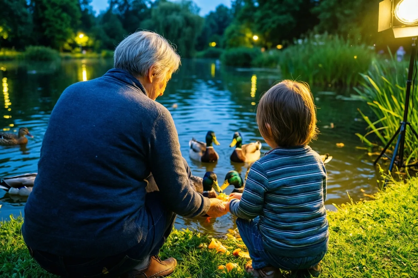 Een oudere persoon en een jong kind hurken met hun rug naar de kijker bij een vijver om eenden te voeren in een groen park bij schemering.