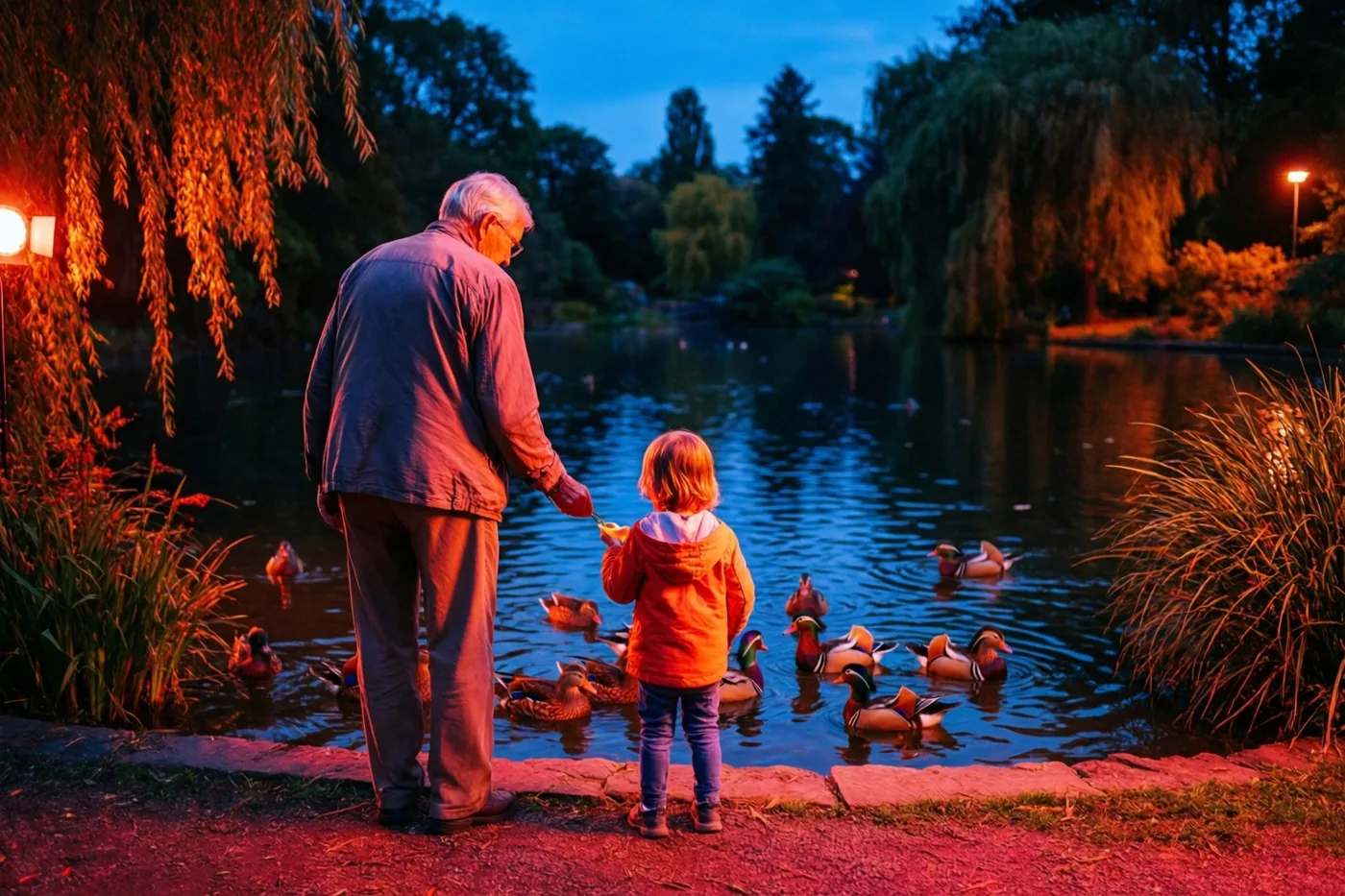 Een oudere man en een klein kind staan met de rug naar de kijker eenden te voeren aan een vijver, met oranje licht rondom en een diepblauwe lucht weerspiegeld in het water.