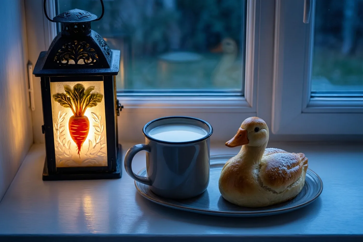 Een mok melk en een eendvormig broodje staan op een vensterbank naast een lichtgevende lantaarn met een uitgesneden wortelmotief, in warm licht tegen een koelblauw raam.