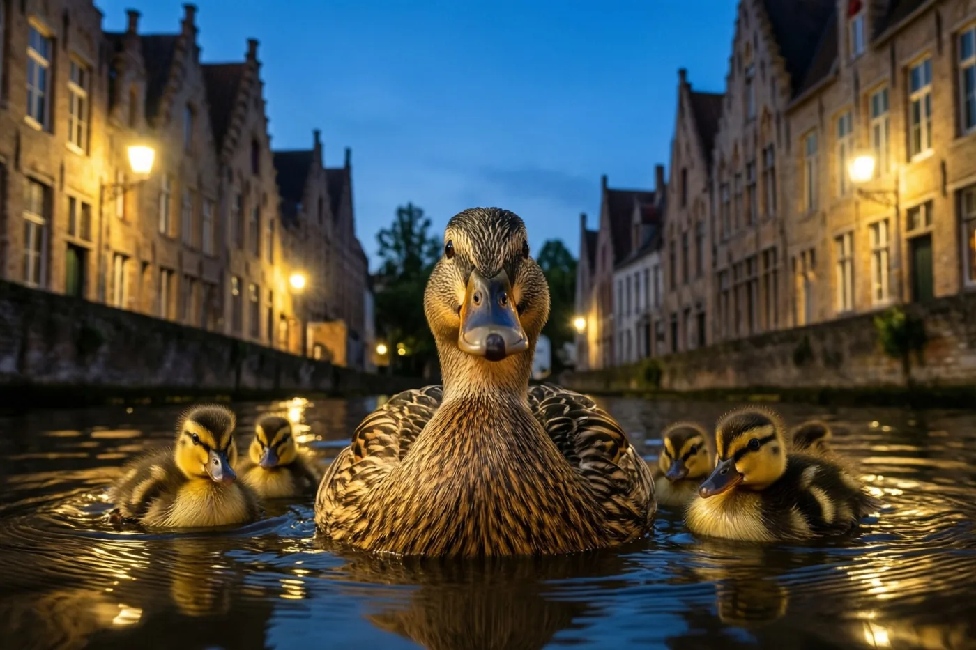 Een moedereend en haar kuikens zwemmen bij schemering in een kanaal tussen historische Vlaamse gebouwen, met warme straatlichten en gouden weerspiegelingen op het water.