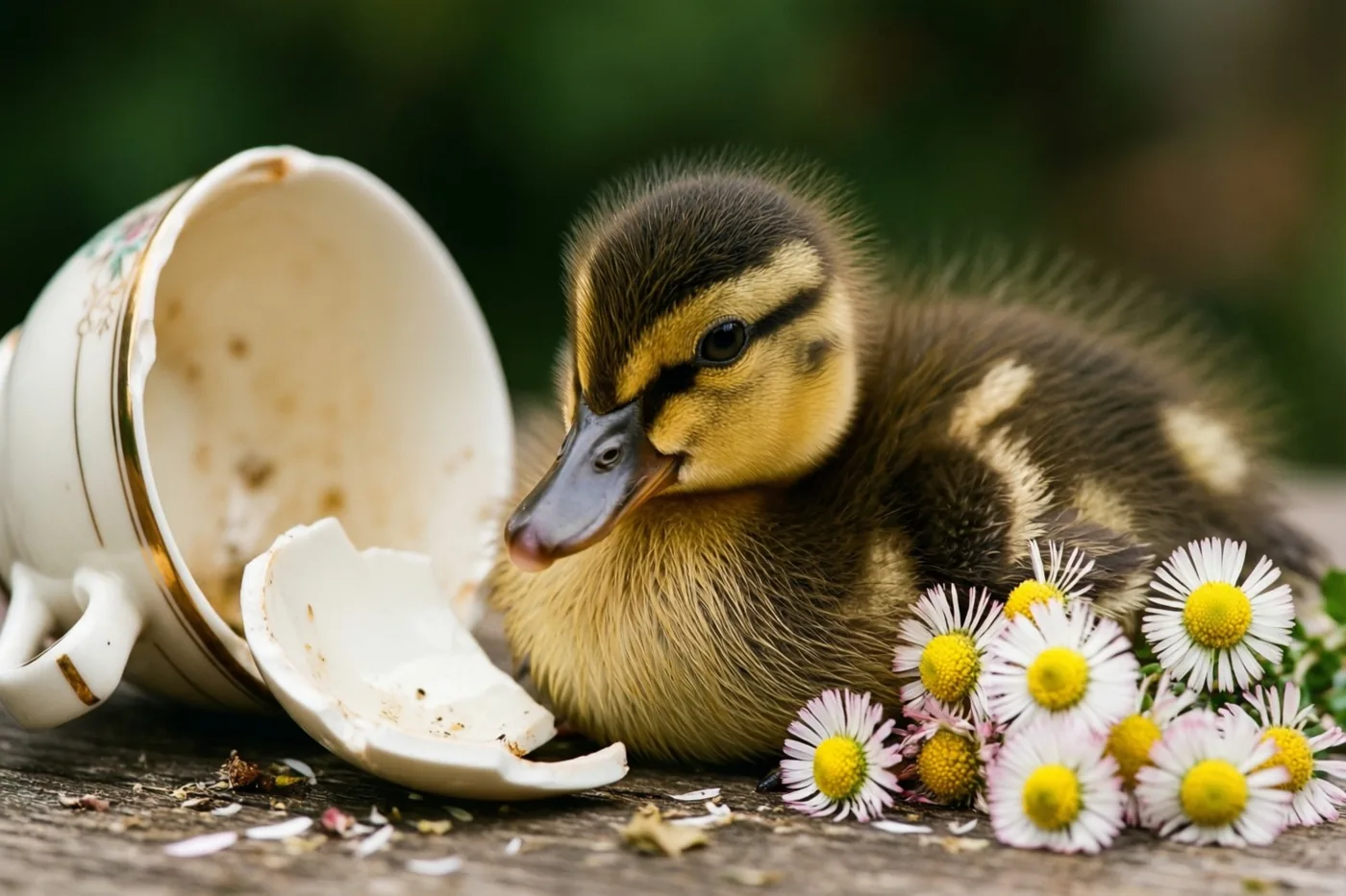 Een klein geel-bruin eendje rust buiten op een houten ondergrond naast een gebroken witte theekop met gouden rand en witte madeliefjes met gele hartjes, tegen een onscherpe groene achtergrond.