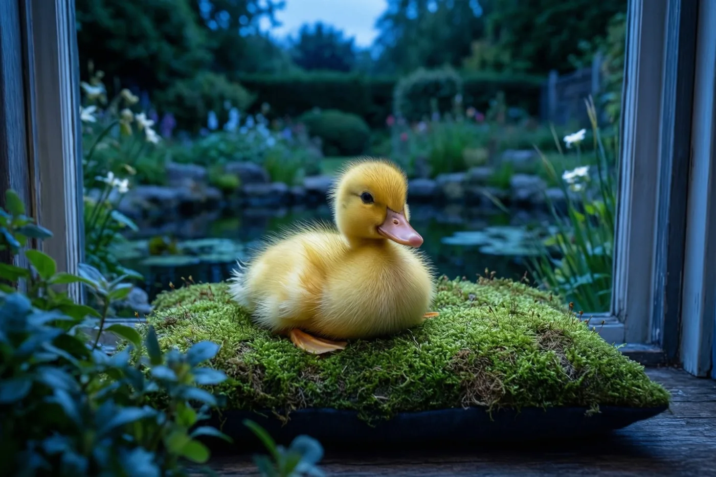 Een donzig geel eendje rust op groen mos in een raamkozijn en kijkt naar een tuinvijver bij schemering, in koele blauwe en groene tinten.