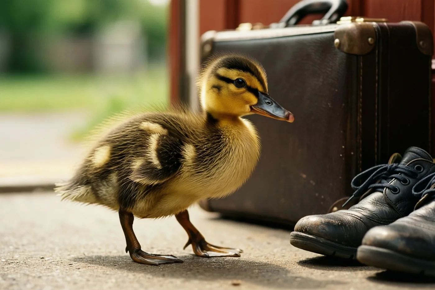 Een geelbruin eendenkuiken waggelt over bestrating naast een oude bruine aktetas en zwarte leren schoenen bij een rode deur.