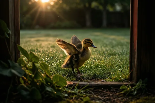 Een klein eendje strekt zijn vleugels op een groen gazon terwijl warm zonlicht door een houten kader valt, met bomen op de achtergrond.