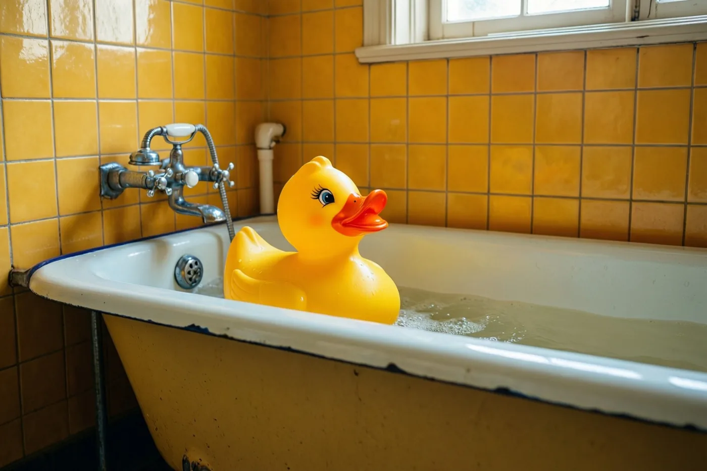 Een badeendje drijft in een geel emaille babybadje met water in een badkamer met gele wandtegels en warme gele, witte en oranje tinten.