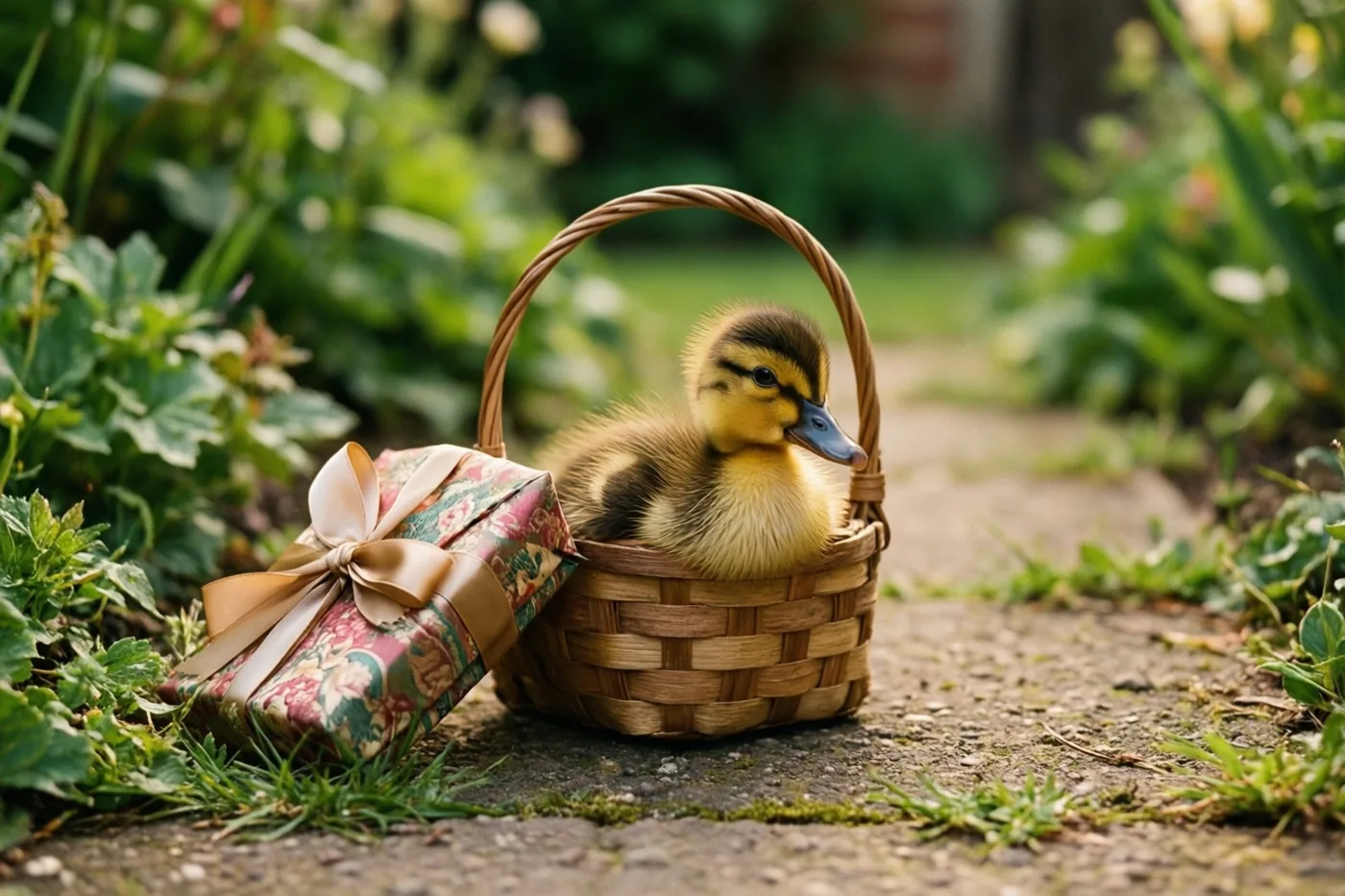 Een klein donzig eendje kijkt uit een gevlochten rieten mand op een tuinpad, naast een ingepakt cadeau met lint en omringd door groen.