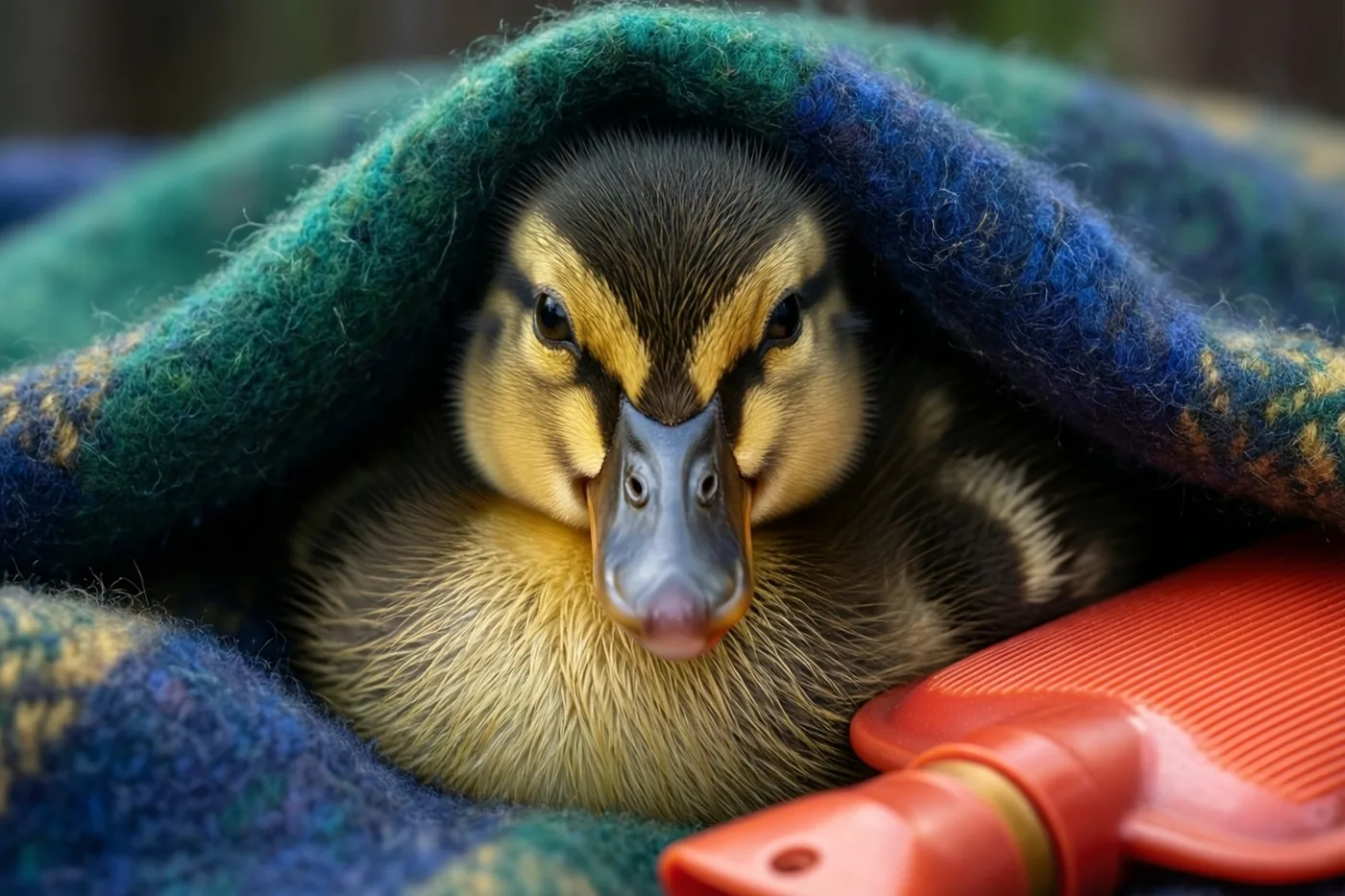 Een klein eendje met geel en zwart dons kijkt vanonder een groen-blauwe wollen deken, met een rode warmwaterkruik ernaast.
