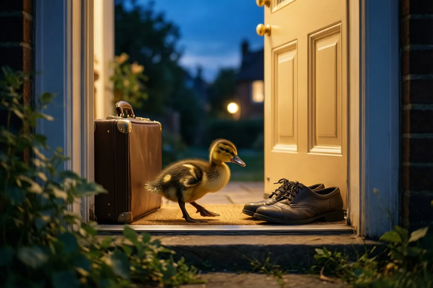 Een klein eendje staat op een deurmat tussen een bruine aktetas en zwarte nette schoenen, met warm licht van binnen en een blauwe avondlucht buiten.