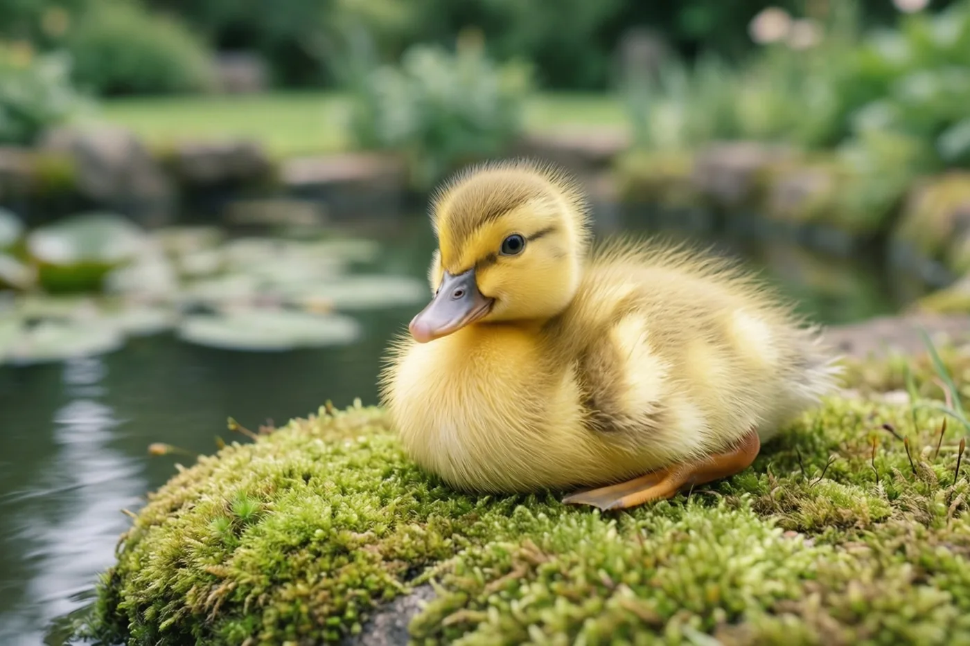 Een donzig geel eendje rust op een kussentje van groen mos naast een tuinvijver.