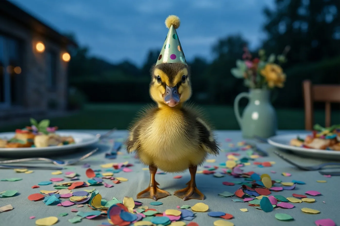 Een klein geel eendje met een feesthoedje met stippen staat bij schemering buiten op een tafel met kleurrijke confetti, met een huis en tuin op de achtergrond.