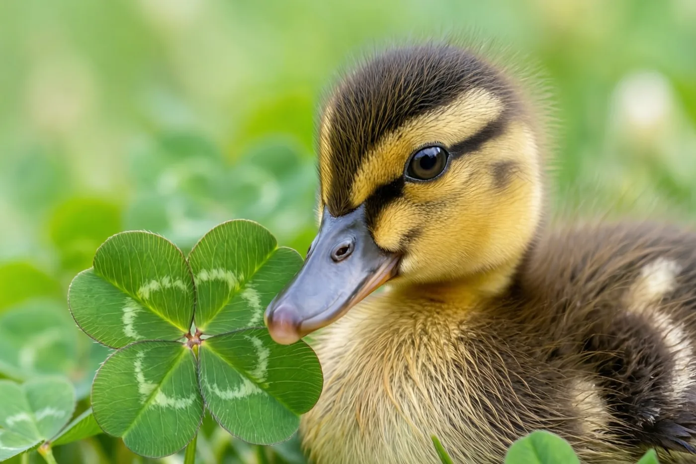 Een donzig geelbruin eendje raakt met zijn snavel een klavertjevier aan tegen een onscherp groen veld.