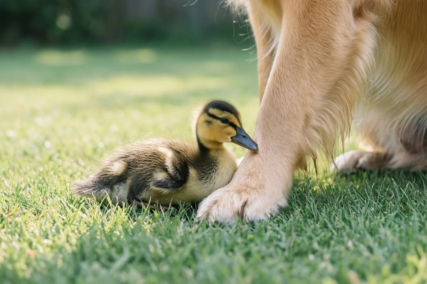 Een klein eendje rust tegen de grote poot van een golden retriever op een zonnig groen gazon.