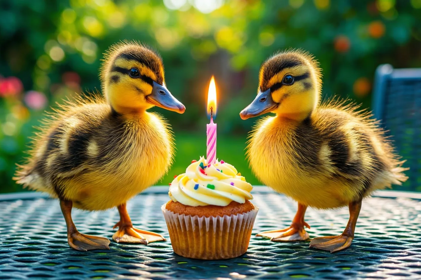 Twee donzige gele eendjes staan aan weerszijden van een cupcake met één brandend kaarsje op een groene tuintafel tegen een wazige groen-gele achtergrond.