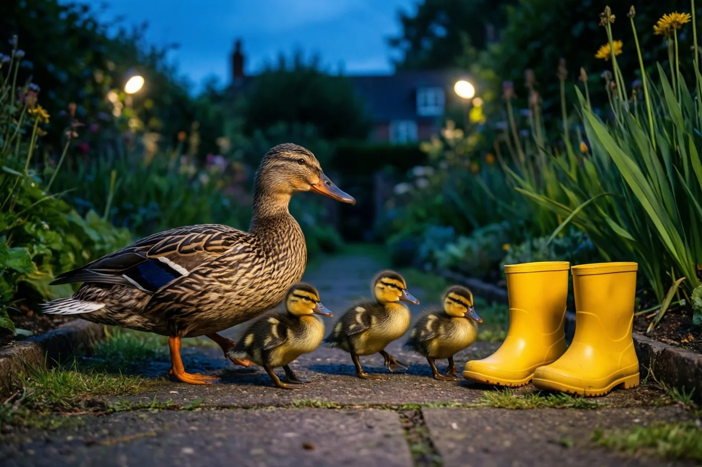Een moedereend wandelt met drie kuikens langs gele babylaarsjes en grotere laarzen in een weelderige tuin onder een blauwe schemerhemel.