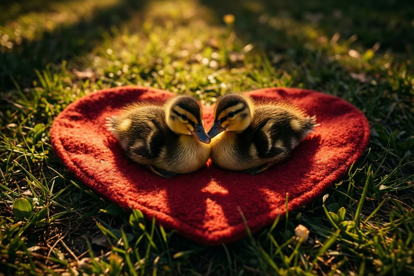 Twee kleine eendjes liggen dicht tegen elkaar op een rood hartvormig dekentje op groen gras in warm gouden zonlicht.