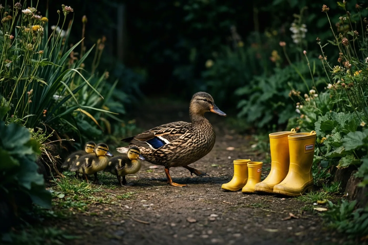 Een moedereend wandelt met drie kuikens over een tuinpad langs gele babylaarsjes en grotere laarzen, tussen groen en wilde bloemen.
