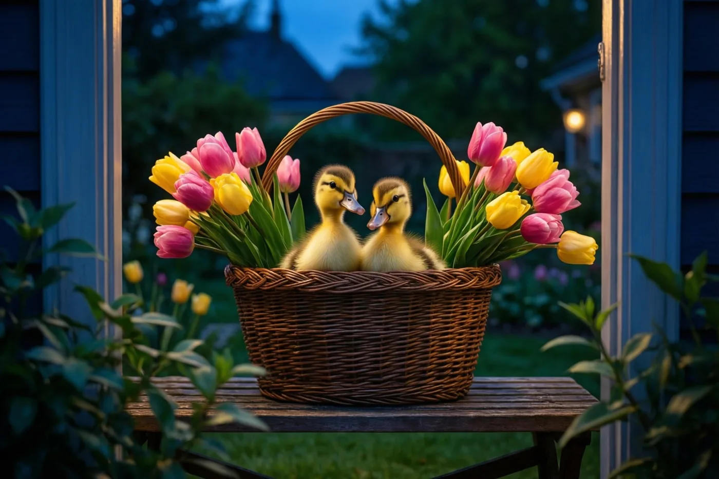 Twee donzige eendjes zitten dicht bij elkaar in een rieten mand vol roze en gele tulpen op een houten tuinbank, met een zachtblauwe avondlucht en groen op de achtergrond.