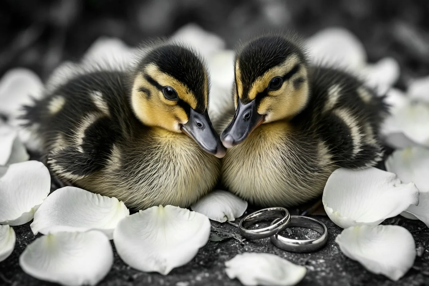 Twee donzige eendjes zitten dicht tegen elkaar tussen witte rozenblaadjes, met twee trouwringen vlakbij en een donkere wazige achtergrond.