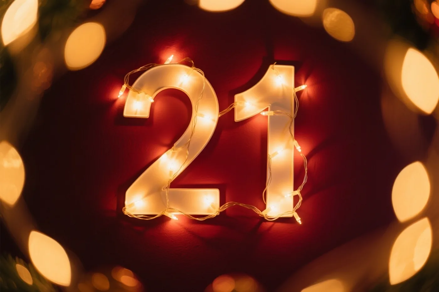 Warme lichtjes vormen het getal 21 op een donkerrode muur, omringd door onscherpe feestlichtjes.