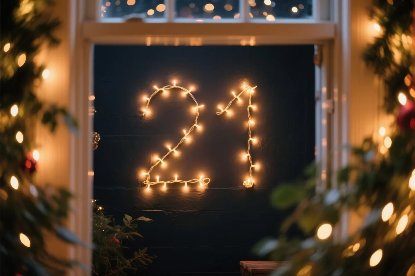 Warme lichtjes vormen 21 op een donkere muur, met onscherpe kerstboomtakken en lichtjes op de voorgrond.