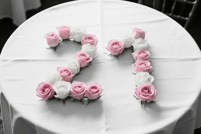 Roze en witte rozen vormen het getal 21 op een wit tafelkleed, recht van bovenaf gezien.