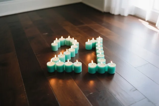Brandende theelichtjes vormen het getal 21 op een donkere houten vloer, met een warme gloed en blauwgroene en bruine tinten.