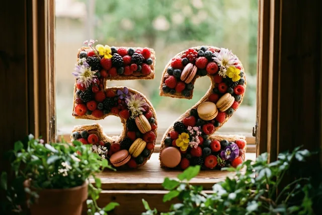 Twee grote eetbare cijfers vormen 52 op een houten vensterbank, versierd met bessen, macarons en eetbare bloemen, met groene potplanten op de voorgrond.