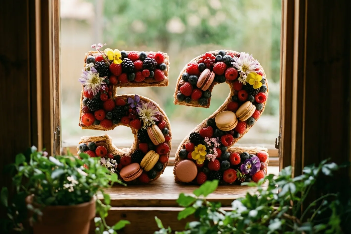 Twee grote eetbare cijfers vormen 52 op een houten vensterbank, versierd met bessen, macarons en eetbare bloemen, met groene potplanten op de voorgrond.