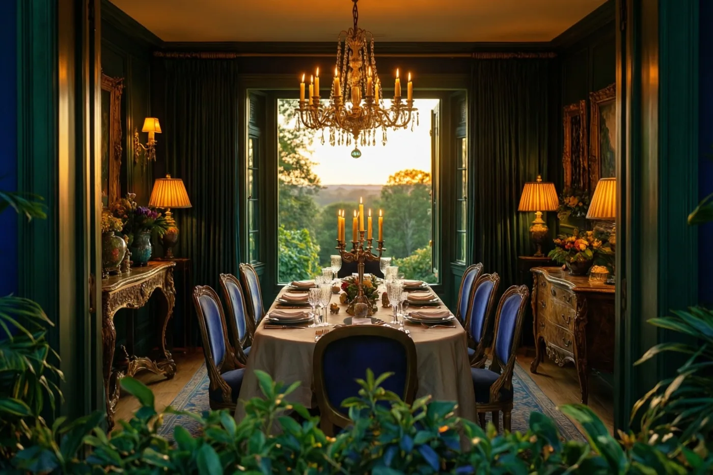 Een lange tafel voor acht staat bij kaarslicht in een eetkamer met donkergroene muren, sierlijke blauw beklede stoelen en een kroonluchter, met uitzicht op een groen landschap.