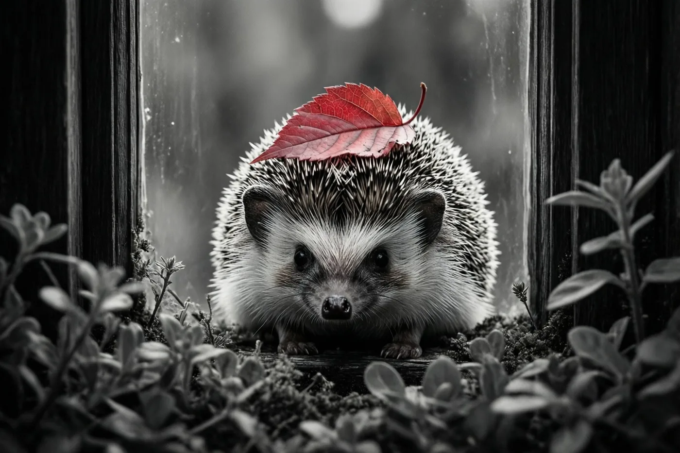 Een egel kijkt van achter houten planken met een rood blad als een hoedje op zijn stekels, terwijl de rest van het beeld in grijstinten is weergegeven.
