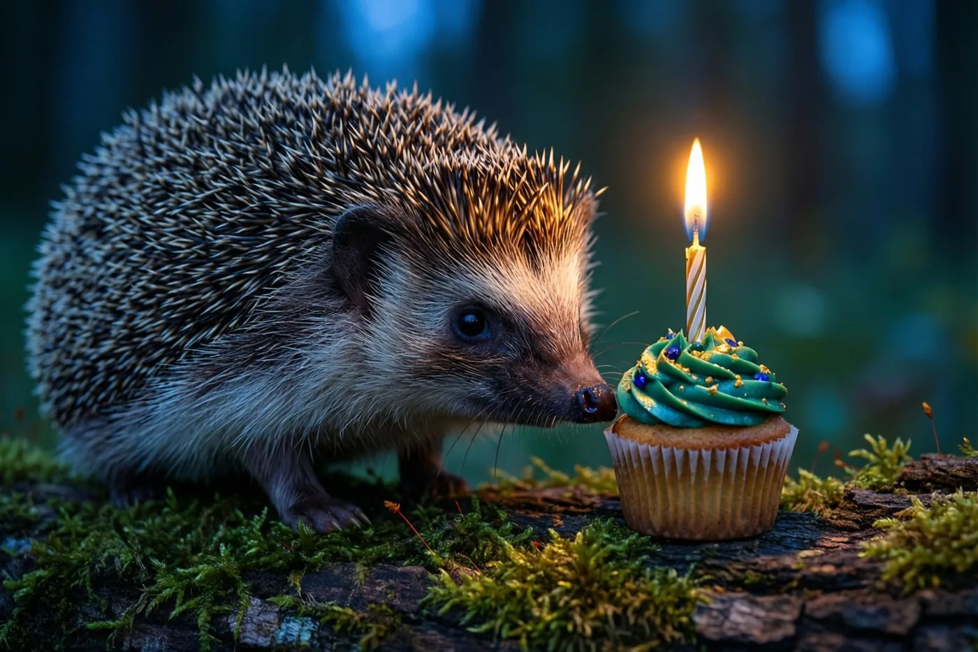 Een egel snuffelt aan een cupcake met een brandend kaarsje op een met mos begroeide boomstam in het bos.
