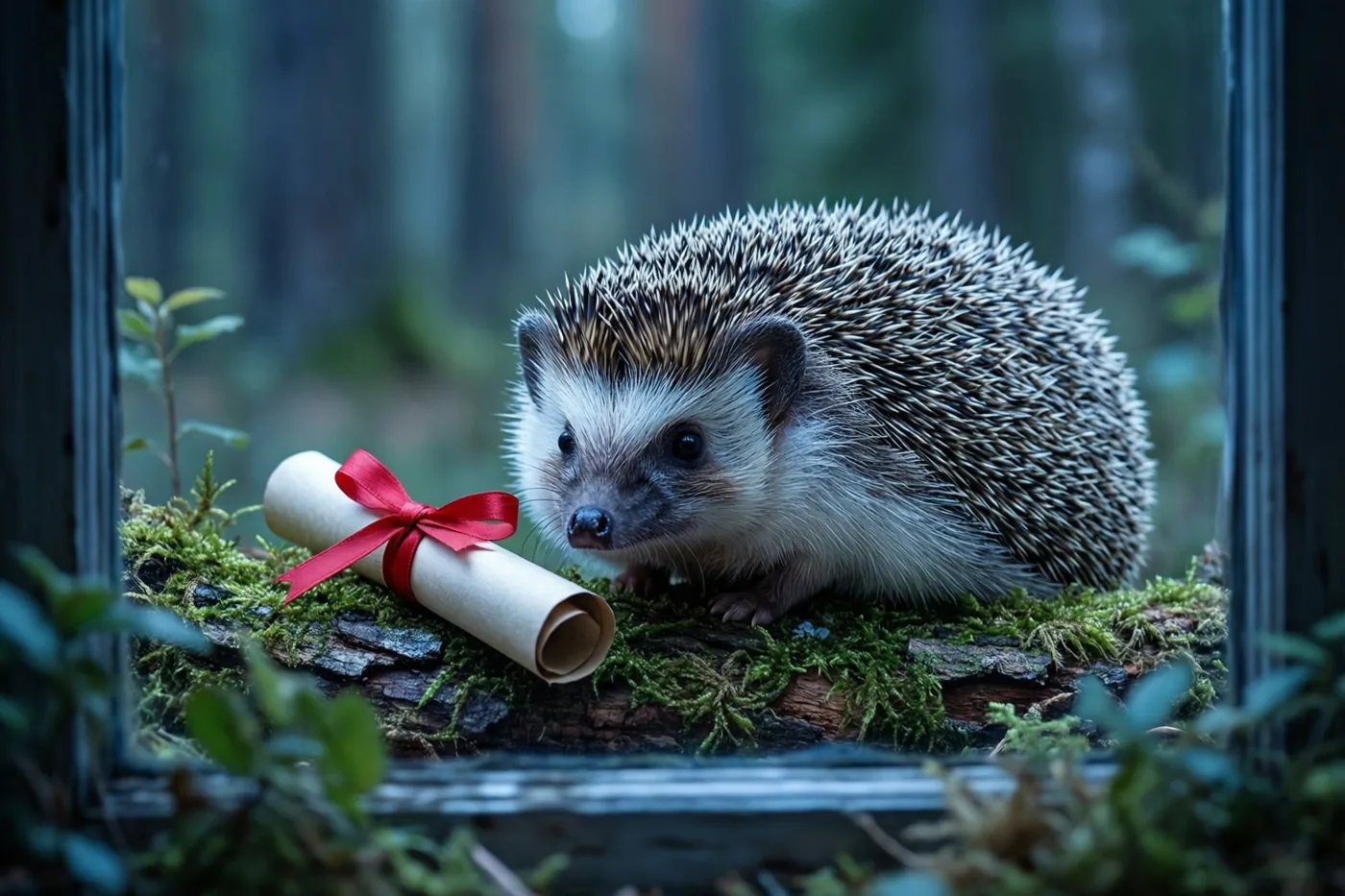Een egel zit naast een opgerold diploma met rood lint op een bemoste boomstam in een bos, omlijst door een raamachtige rand in blauwgroene tinten.