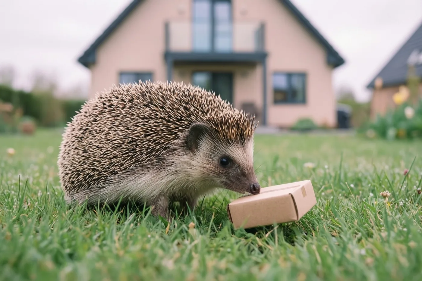 Een egel snuffelt aan een kleine kartonnen doos op het gazon in een tuin voor een modern huis, in zacht daglicht.
