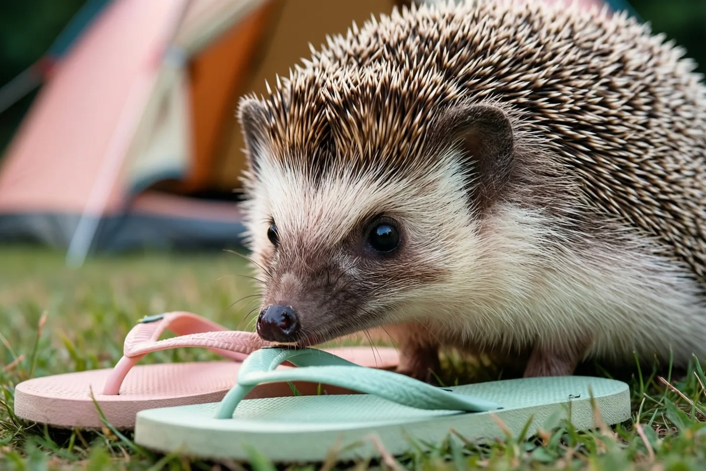 Een egel snuffelt aan roze en mintgroene teenslippers in het gras, met een onscherpe tent op de achtergrond.