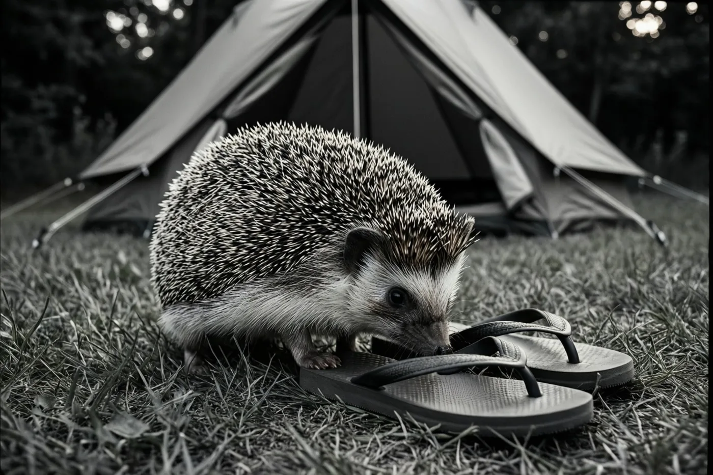Een egel snuffelt aan teenslippers in het gras voor een tent, in een monochroom beeld.