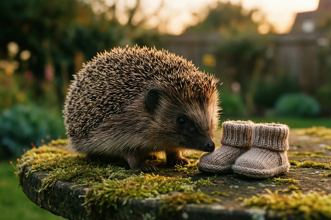 Een egel snuffelt aan kleine gebreide slofjes op een bemoste tuintafel in warm goudkleurig schemerlicht, met onscherp groen op de achtergrond.