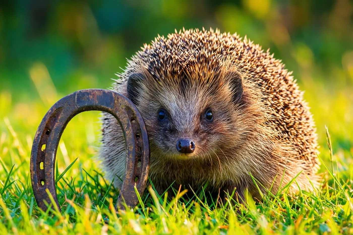 Een egel met bruine stekels zit in felgroen gras naast een roestig hoefijzer, in warm zonlicht.