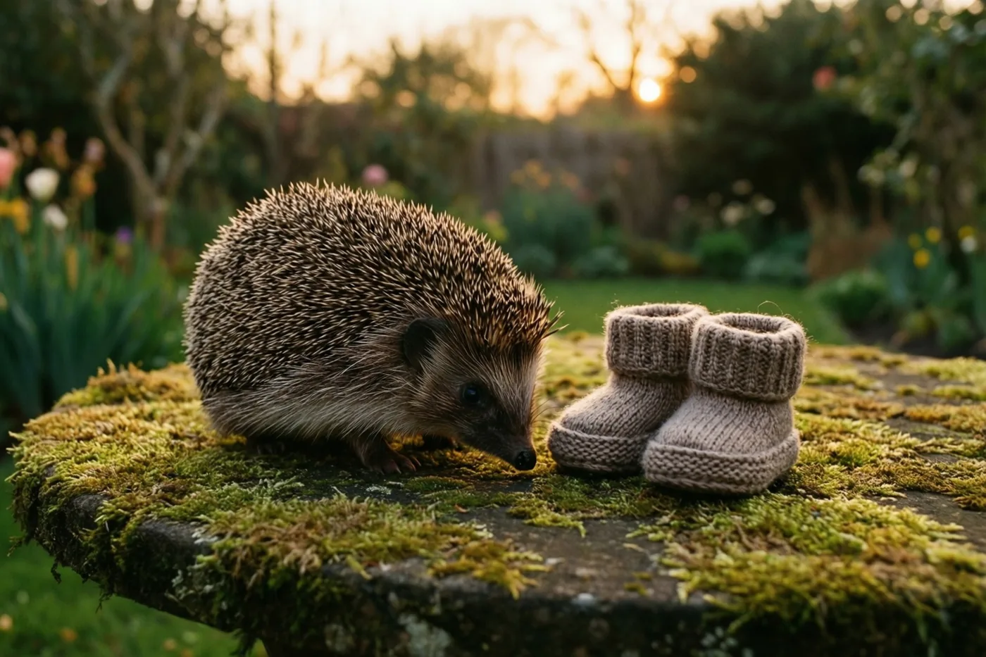 Een egel snuffelt bij kleine gebreide slofjes op een bemoste tuintafel, met zacht goudkleurig licht van de ondergaande zon op de achtergrond.